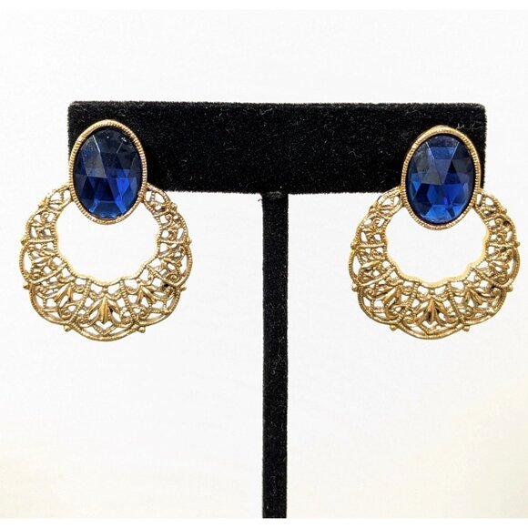 Vintage 1928 Blue Faceted Cabochon Filigree Door Knocker Drop Earrings Statement - Picture 1 of 6